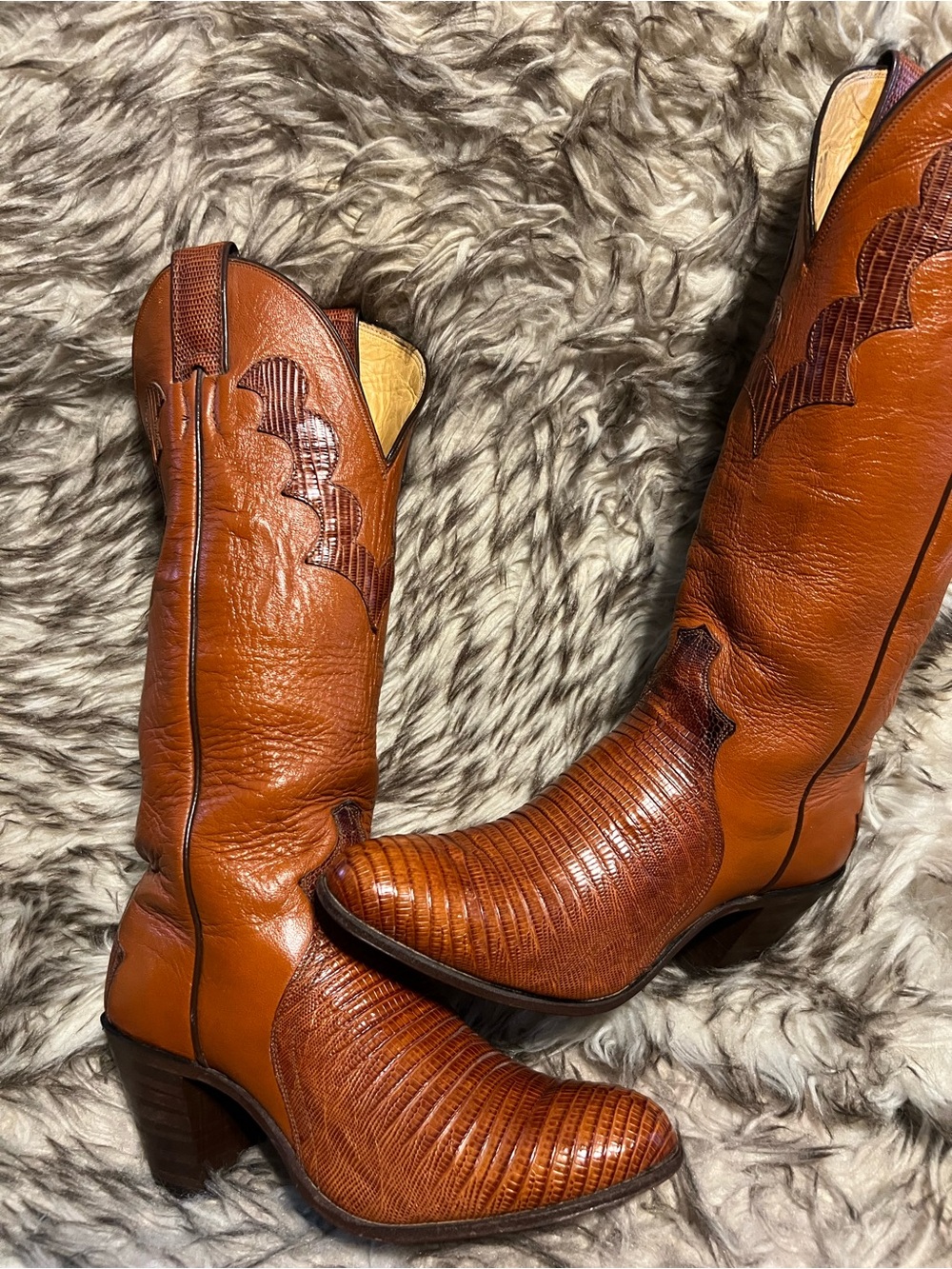 Justin Women Boots 15in tall Lizard & Leather Cowgirl Boots-pecan-Sz 5.5 B